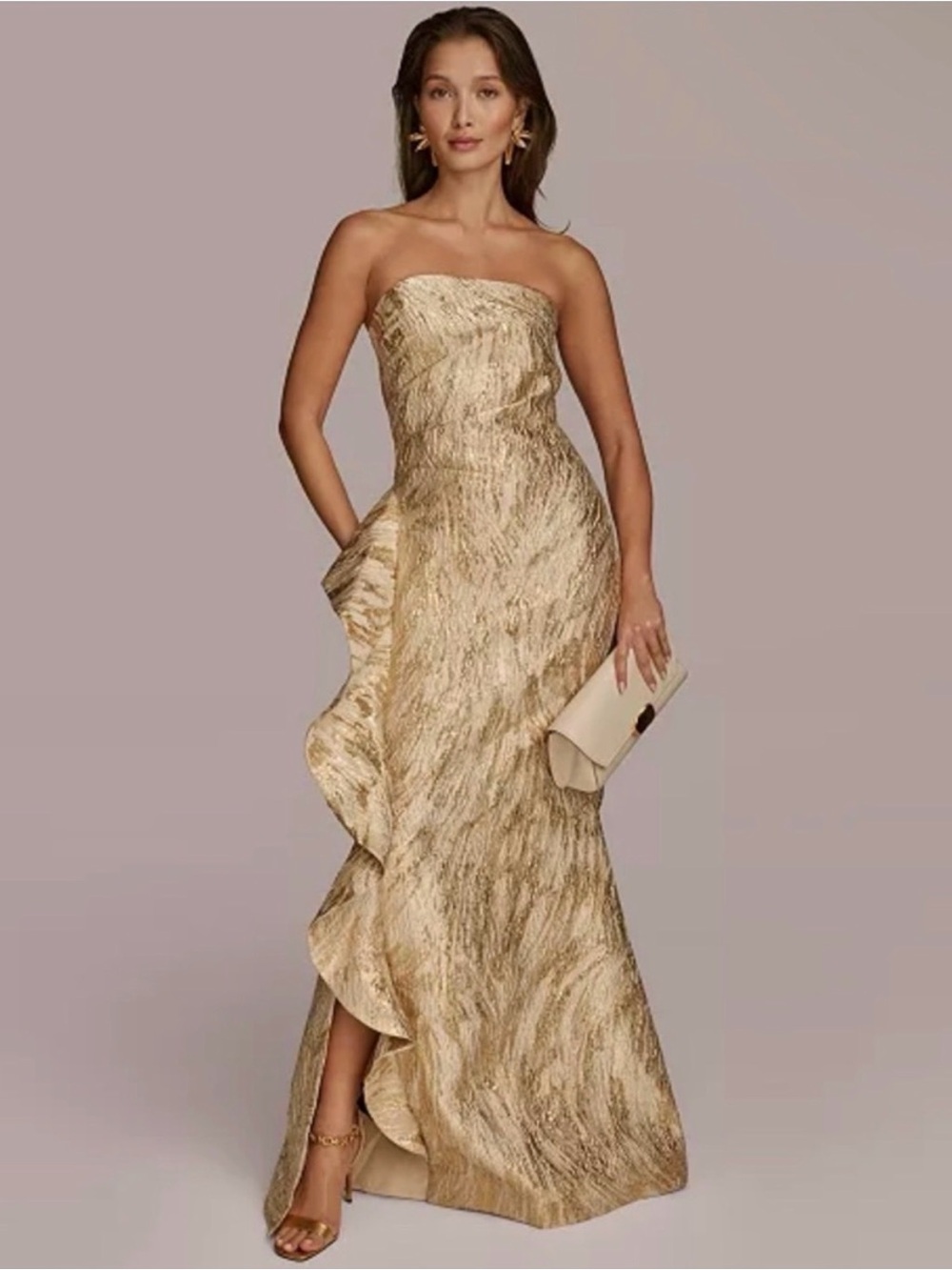 Donna Karan Strapless Metallic Gold Ruffle Gown